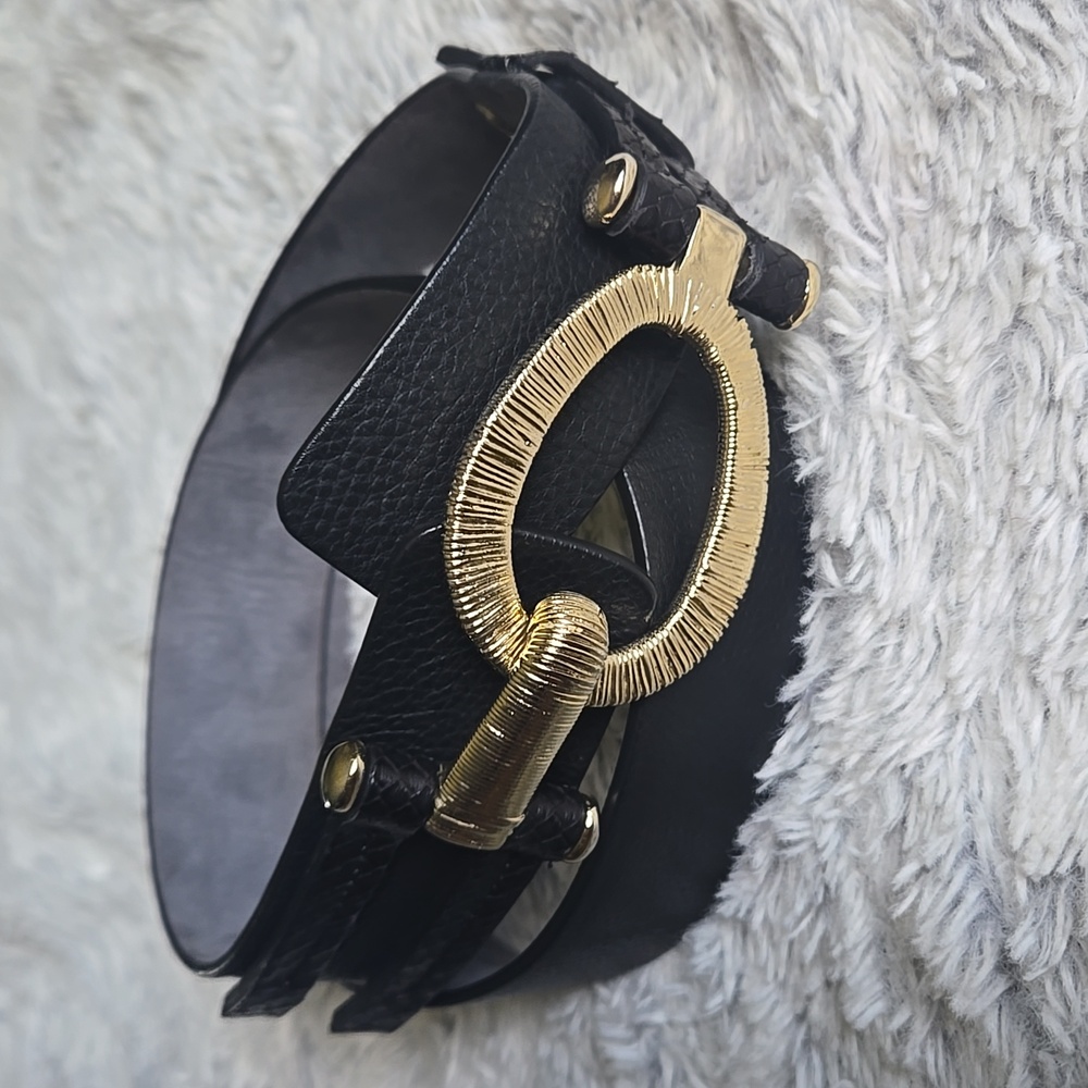 Roberto Mantellassi Elegant Black and Gold, Wide Italian Leather Belt, Medium
